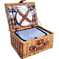 eGenuss LYP1598BLU Cesta de Mimbre para Picnic - 2 Personas - Cuchillo Multifuncional- Copas de Vino- Nevera- Cubiertos…